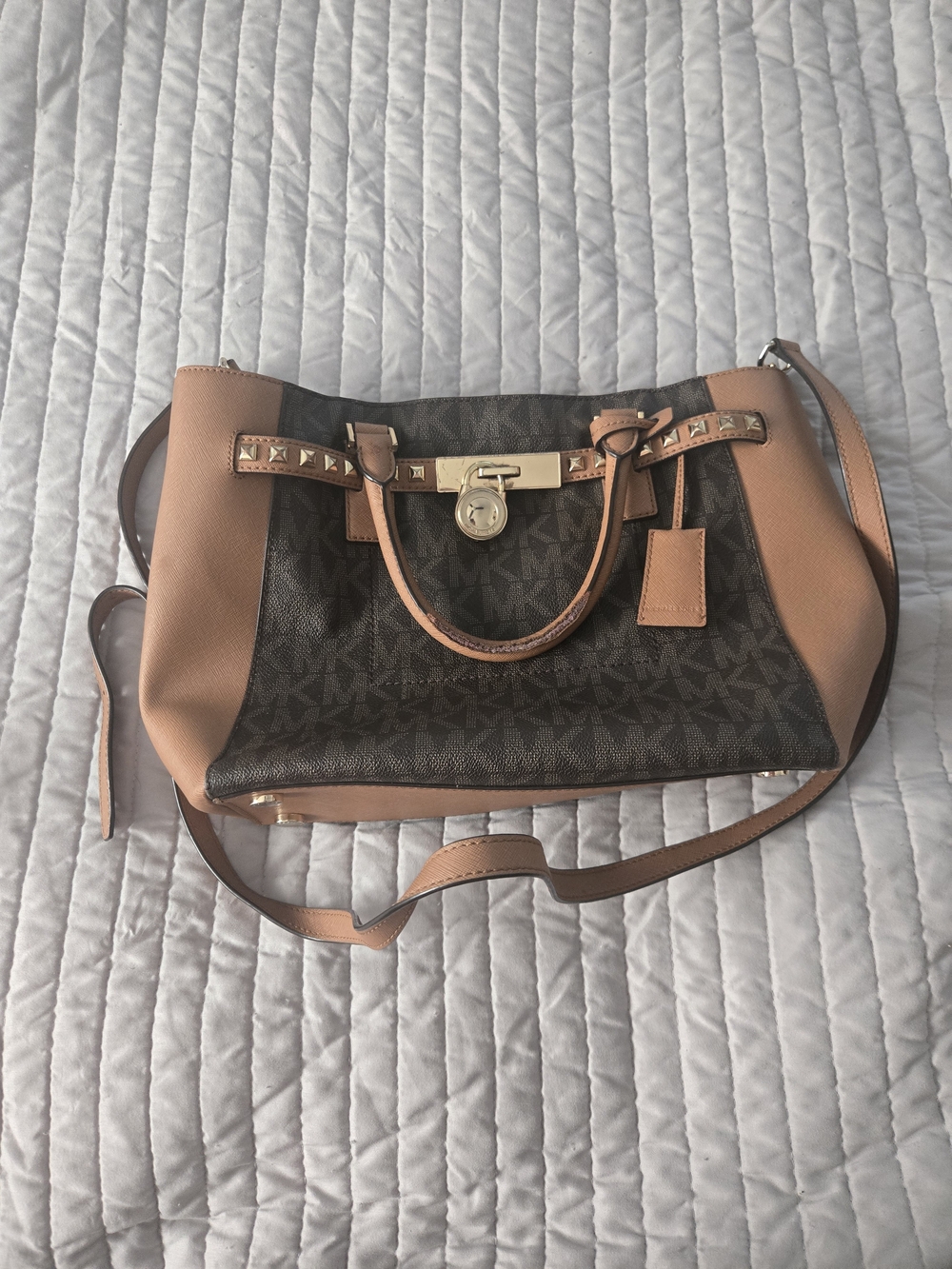 Michael Kors Brown Signature Satchel with Tan Trim and Gold Hardware